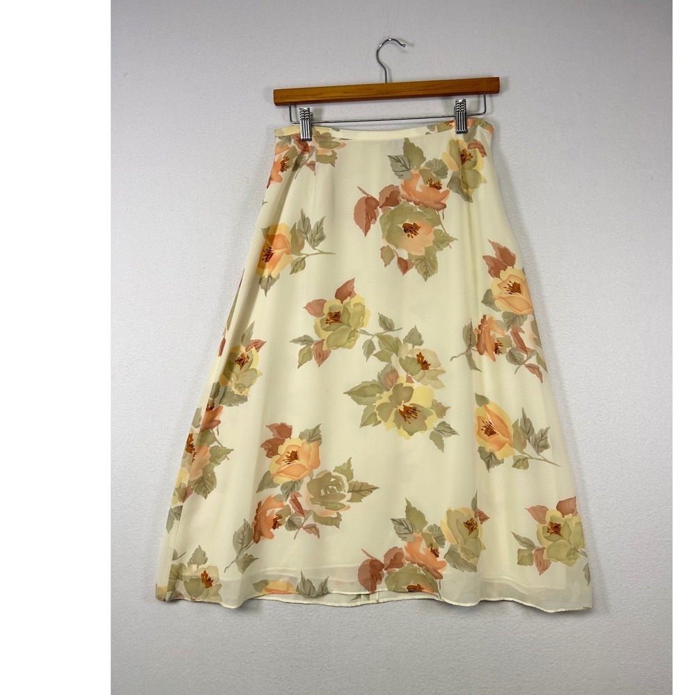 Cottagecore Maggy London Womens 6 Cream Floral Chiffon Midi A-Line Skirt Boho
